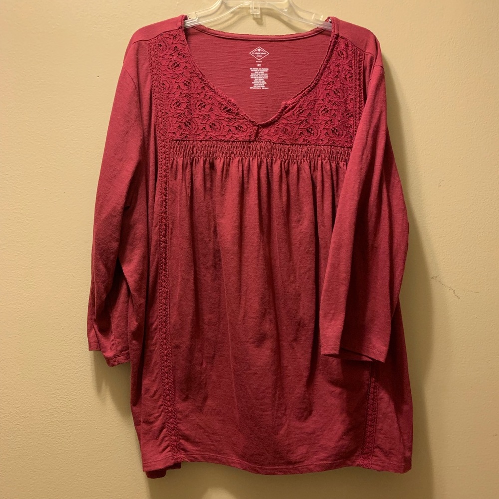 Plus 3x 3/4 Sleeve Pink Top with Crocheted Details